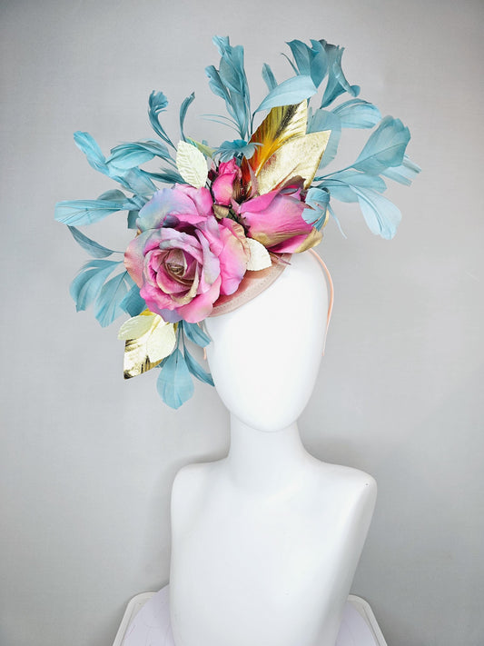 kentucky derby hat fascinator champagne satin with rainbow pink gold teal blue rose flowers and gold leaves, teal blue feathers