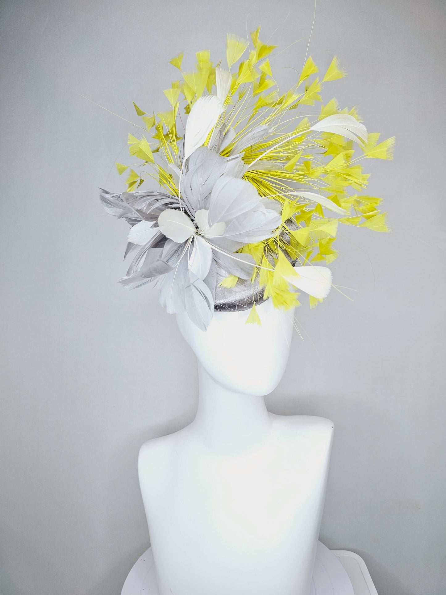 kentucky derby hat fascinator silver gray satin with netting and silver gray, mustard yellow branching feathers