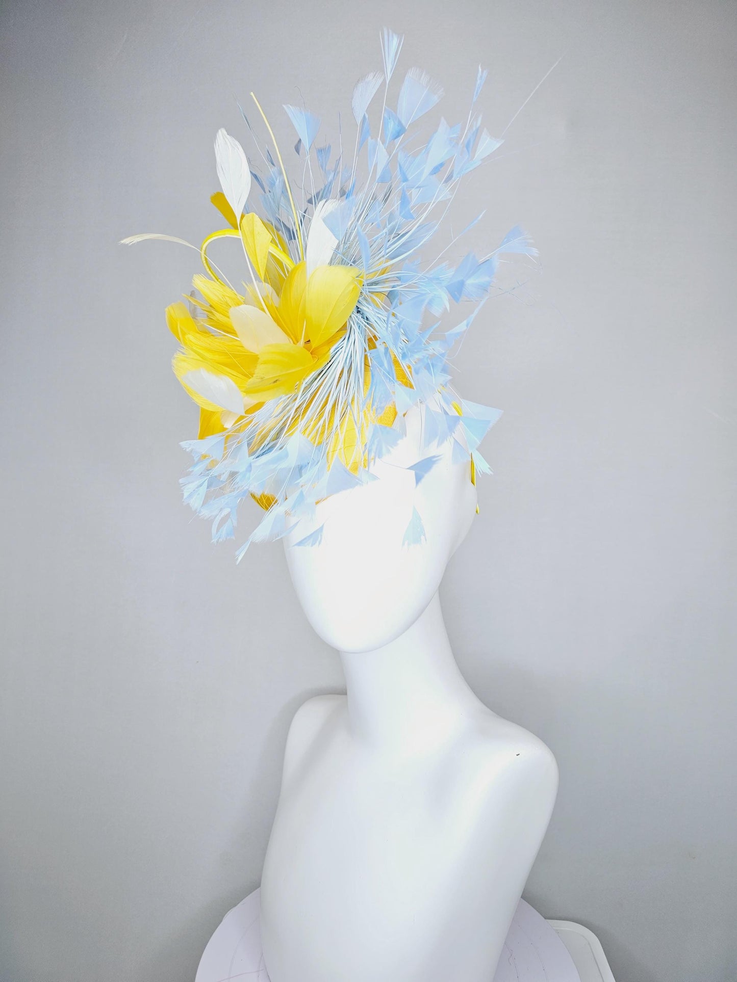 kentucky derby hat fascinator bright yellow satin with netting, bright yellow, white, light baby blue branching feathers