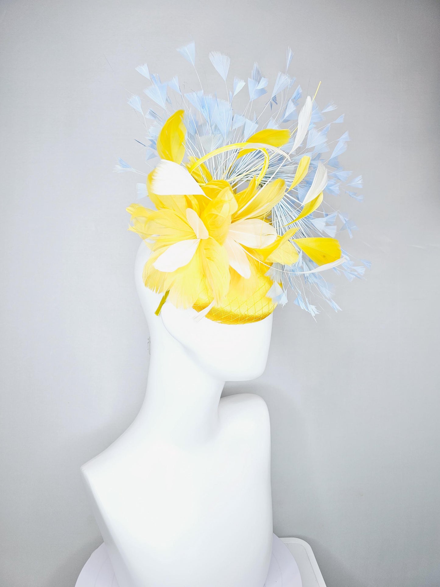 kentucky derby hat fascinator bright yellow satin with netting, bright yellow, white, light baby blue branching feathers