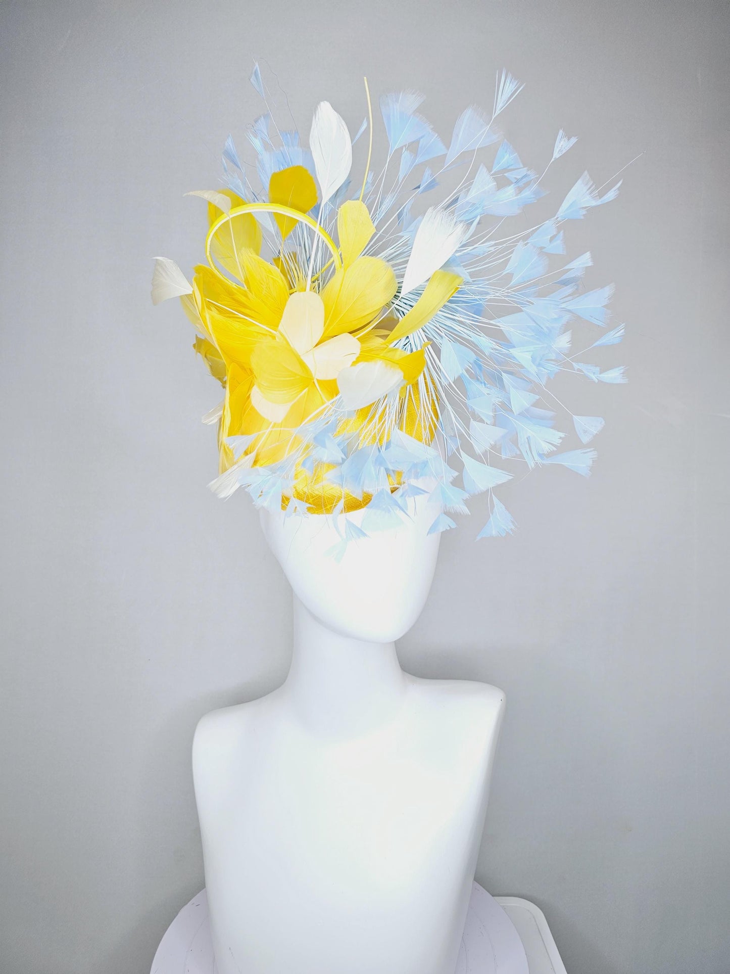 kentucky derby hat fascinator bright yellow satin with netting, bright yellow, white, light baby blue branching feathers