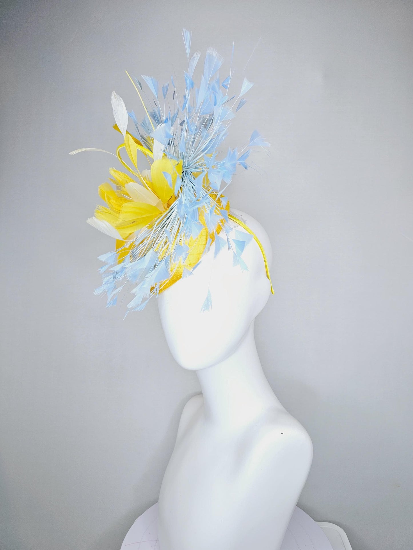 kentucky derby hat fascinator bright yellow satin with netting, bright yellow, white, light baby blue branching feathers