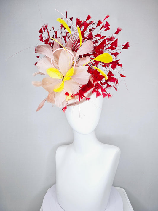 kentucky derby hat fascinator neutral beige pink satin with netting and fluffy neutral beige pink, yellow, scarlet red branching feathers