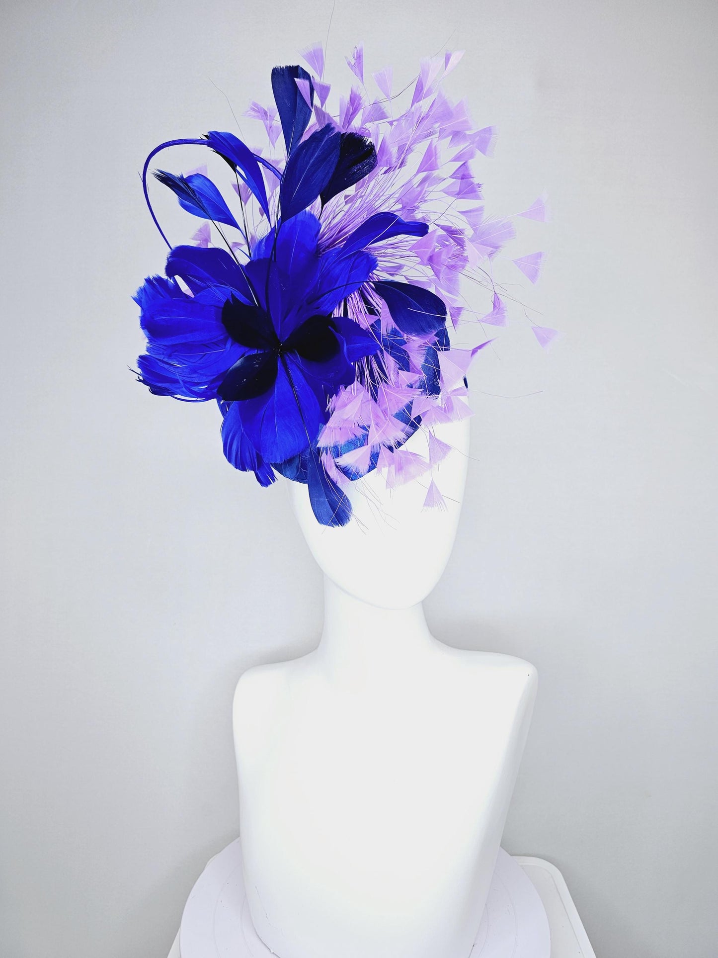 kentucky derby hat fascinator royal blue satin with netting, fluffy royal blue, navy blue, lavender purple branching feathers