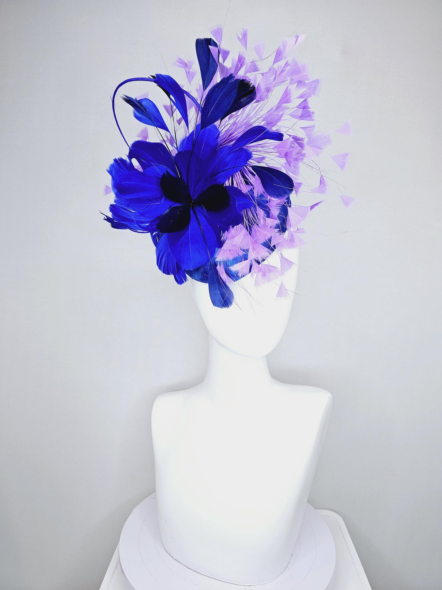 kentucky derby hat fascinator royal blue satin with netting, fluffy royal blue, navy blue, lavender purple branching feathers