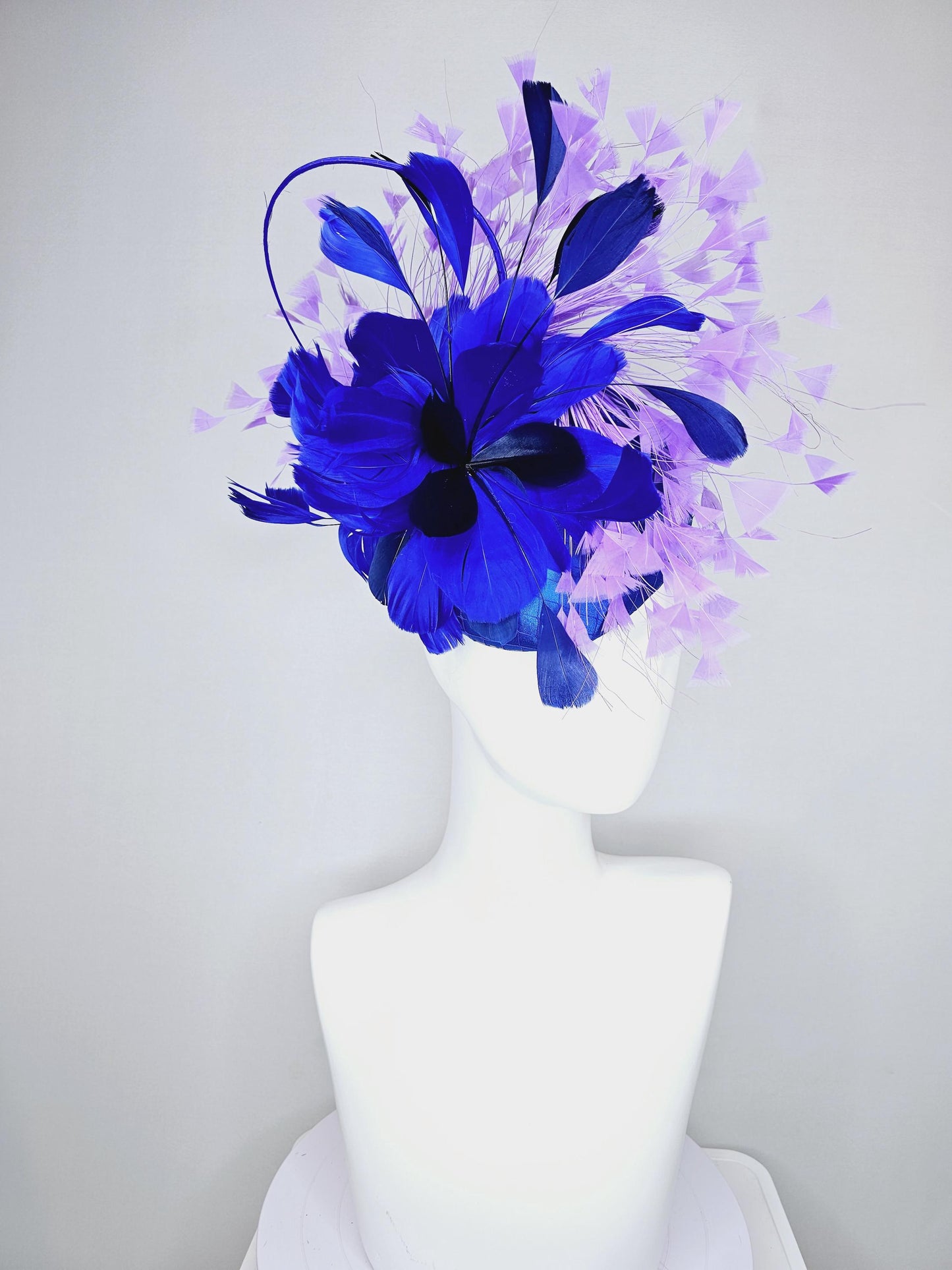 kentucky derby hat fascinator royal blue satin with netting, fluffy royal blue, navy blue, lavender purple branching feathers