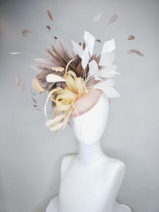 kentucky derby hat fascinator light pink sinamay with neutral beige sinamay bow and beige feathers, white and taupe brown branching feathers