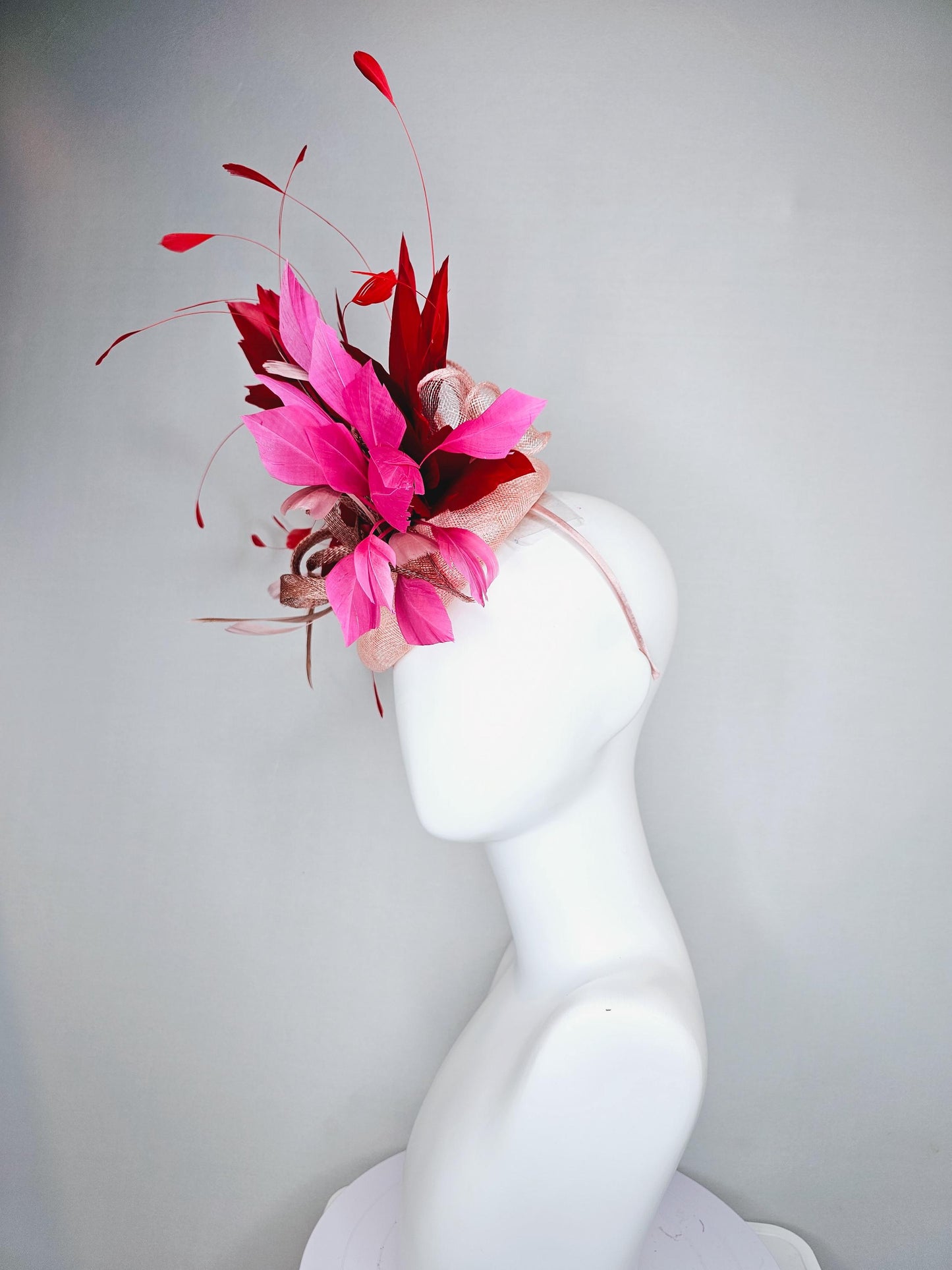 kentucky derby hat fascinator light pink sinamay with dusty pink sinamay bow and dusty pink feathers,pink and scarlet red branching feathers