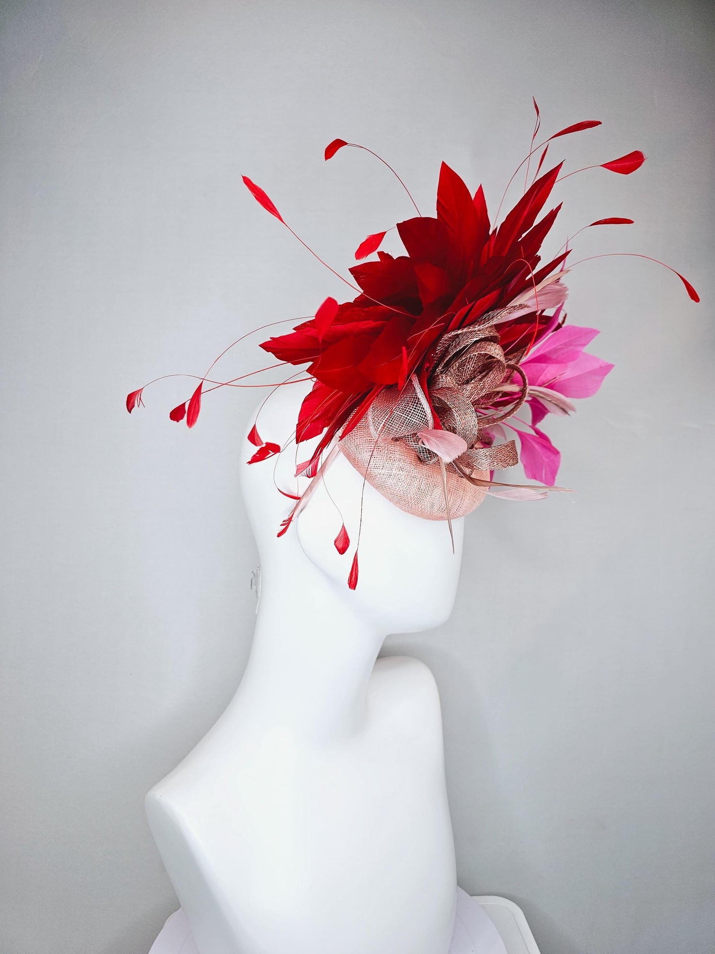 kentucky derby hat fascinator light pink sinamay with dusty pink sinamay bow and dusty pink feathers,pink and scarlet red branching feathers