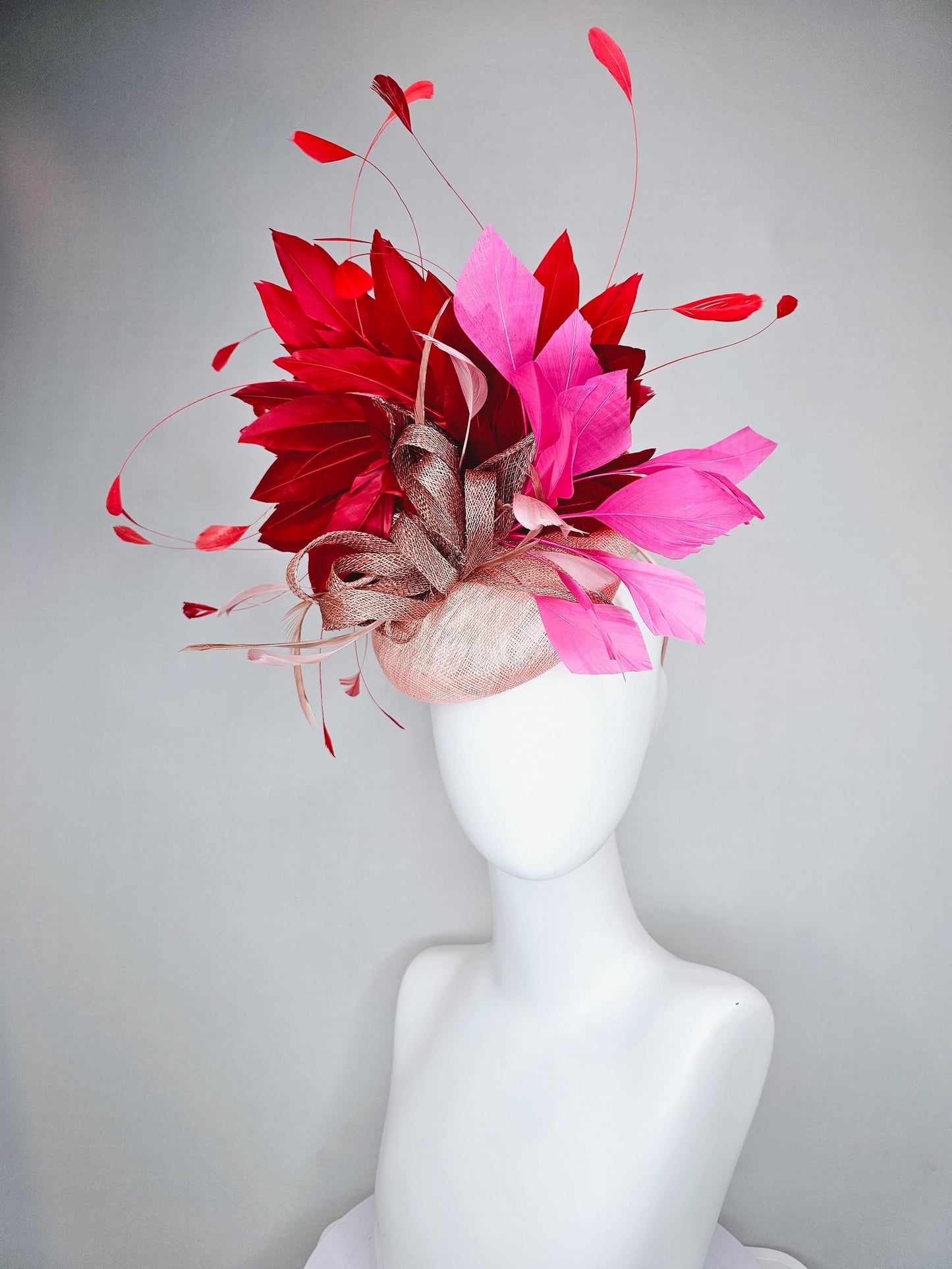 kentucky derby hat fascinator light pink sinamay with dusty pink sinamay bow and dusty pink feathers,pink and scarlet red branching feathers