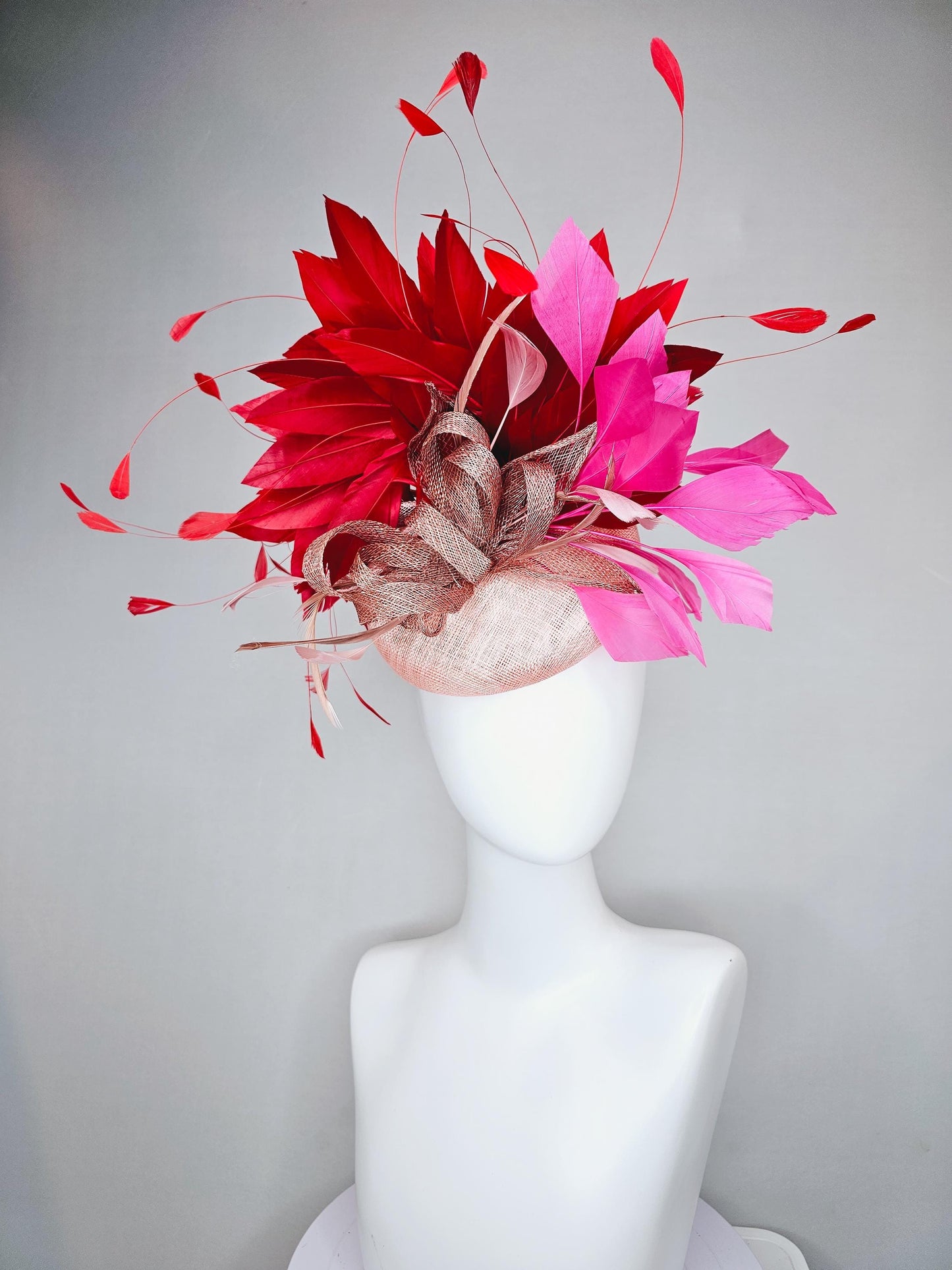 kentucky derby hat fascinator light pink sinamay with dusty pink sinamay bow and dusty pink feathers,pink and scarlet red branching feathers