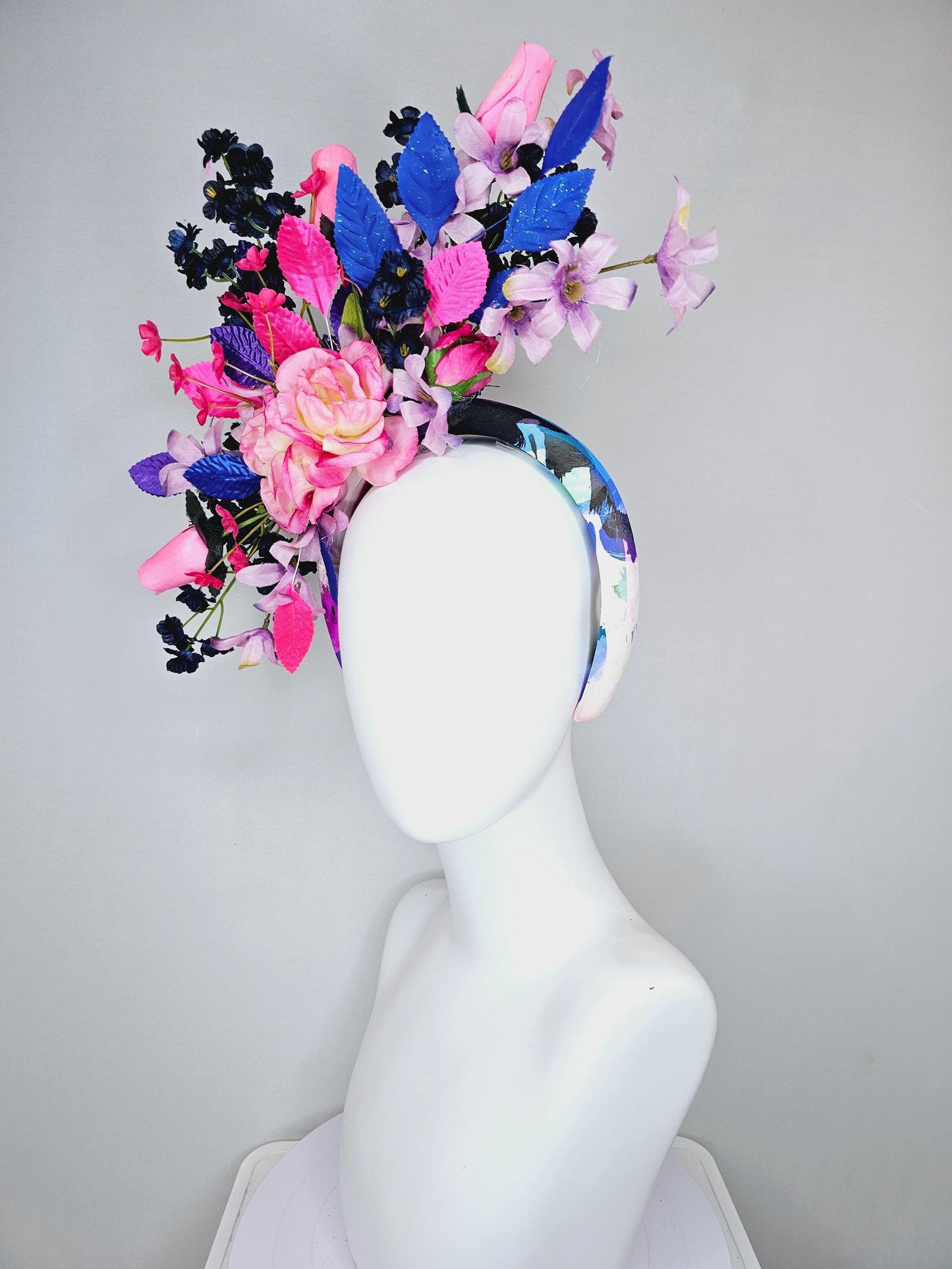 kentucky derby hat fascinator colorful headband,colorful ombre pink roses,ombre purple navy blue pink flowers,purple blue pink leaves