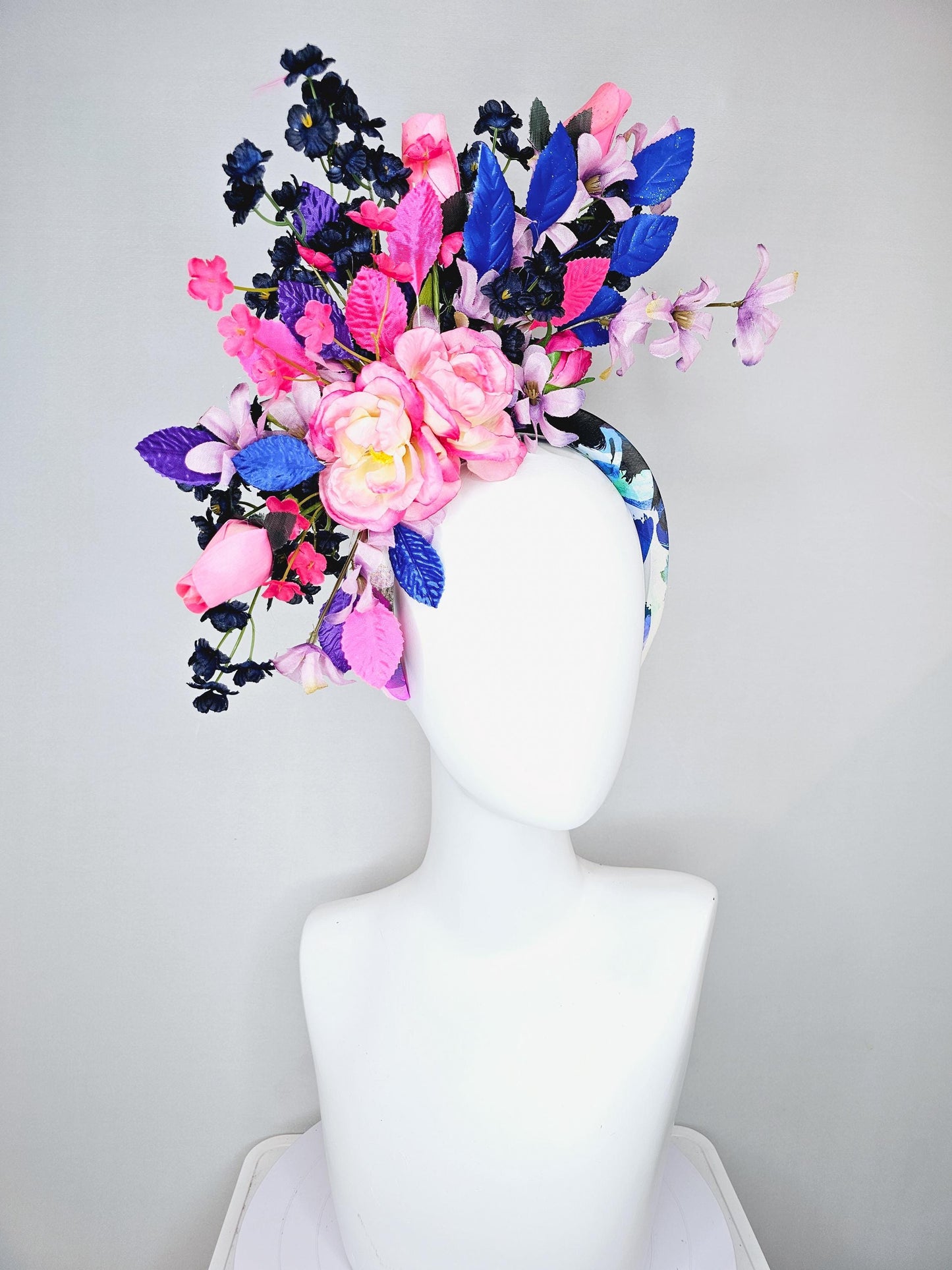 kentucky derby hat fascinator colorful headband,colorful ombre pink roses,ombre purple navy blue pink flowers,purple blue pink leaves