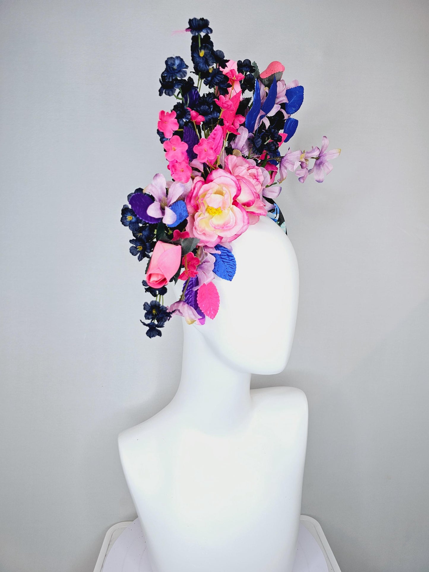 kentucky derby hat fascinator colorful headband,colorful ombre pink roses,ombre purple navy blue pink flowers,purple blue pink leaves