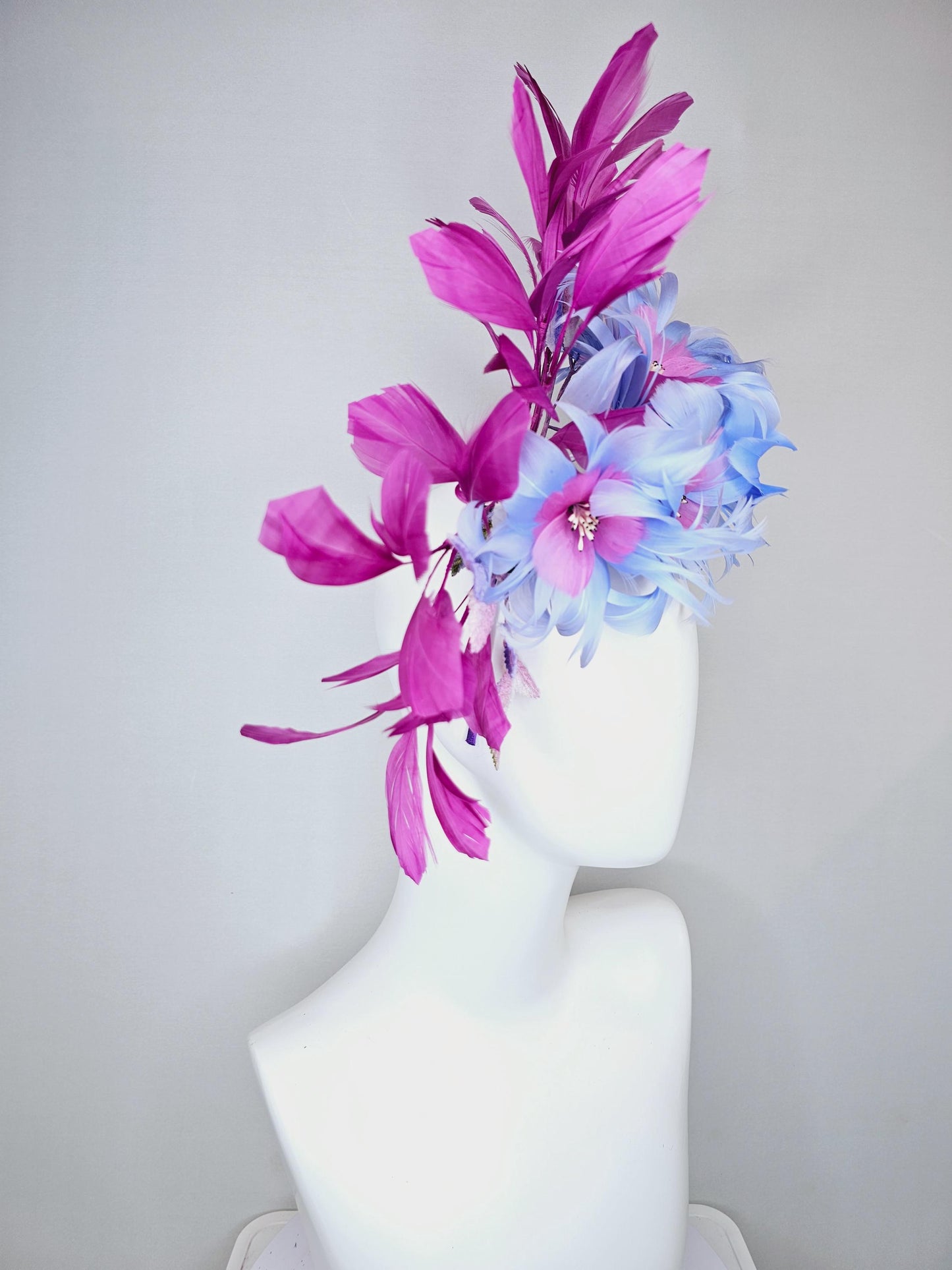 kentucky derby hat fascinator blue and pink feather flowers with ombre pink leaves and magenta purple branching feathers