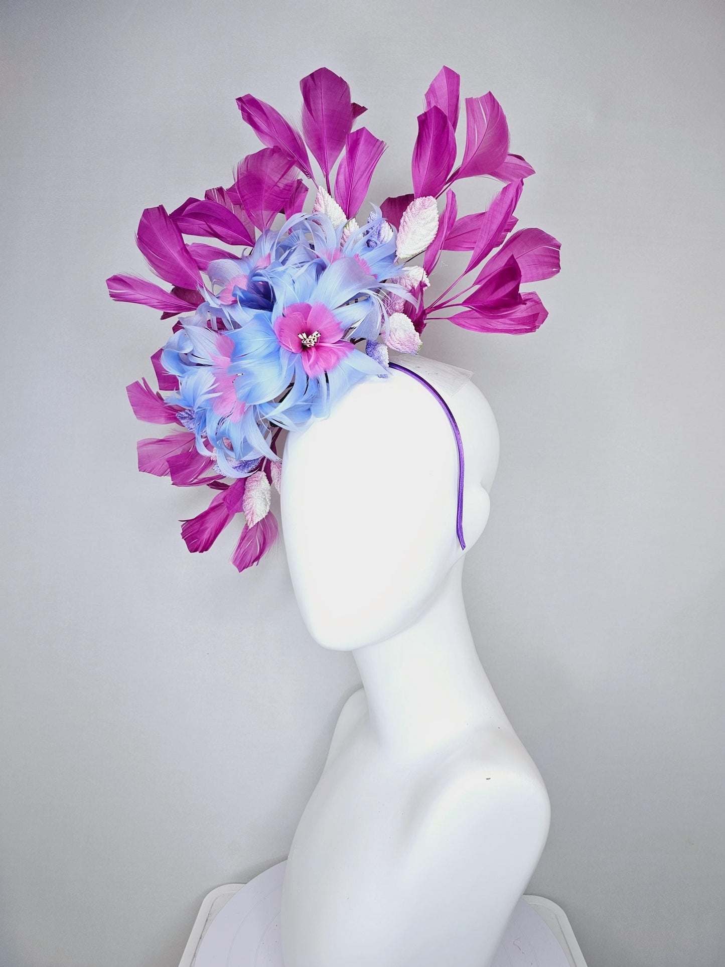 kentucky derby hat fascinator blue and pink feather flowers with ombre pink leaves and magenta purple branching feathers