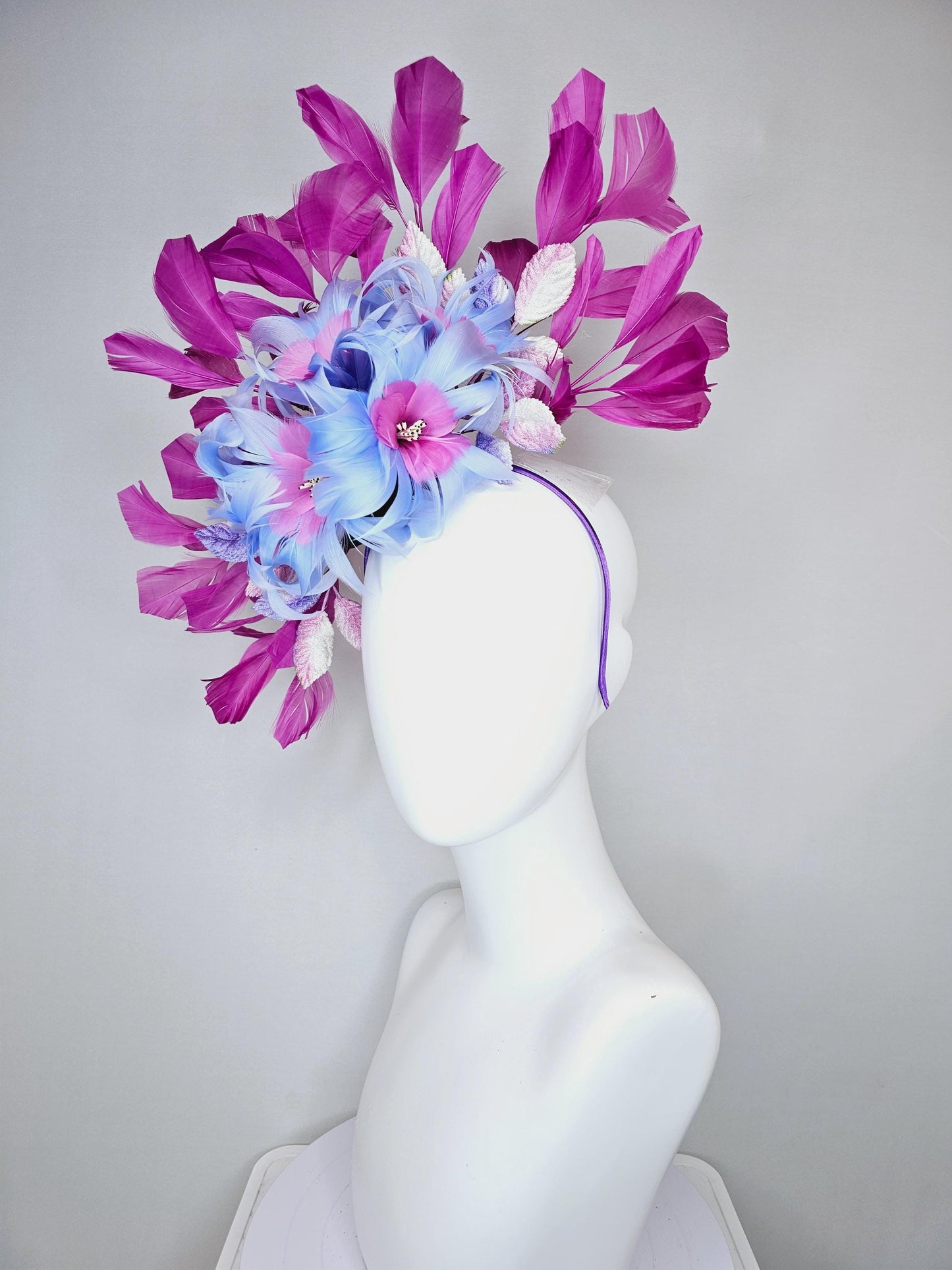 kentucky derby hat fascinator blue and pink feather flowers with ombre pink leaves and magenta purple branching feathers