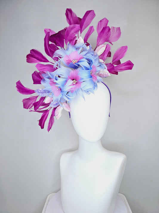 kentucky derby hat fascinator blue and pink feather flowers with ombre pink leaves and magenta purple branching feathers