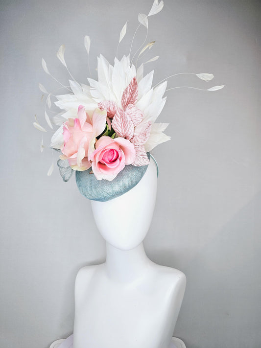 kentucky derby hat fascinator light blue sinamay, ombre pink satin silk rose flowers, with light pink leaves, white ivory branching feathers