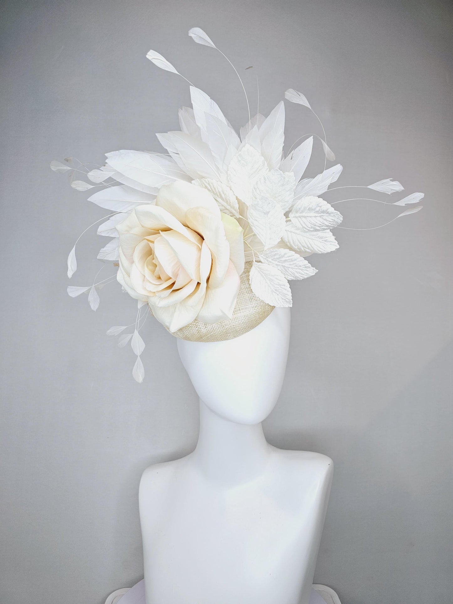 kentucky derby hat fascinator ivory cream neutral sinamay,white ivory satin silk rose flowers,white leaves,white ivory branching feathers