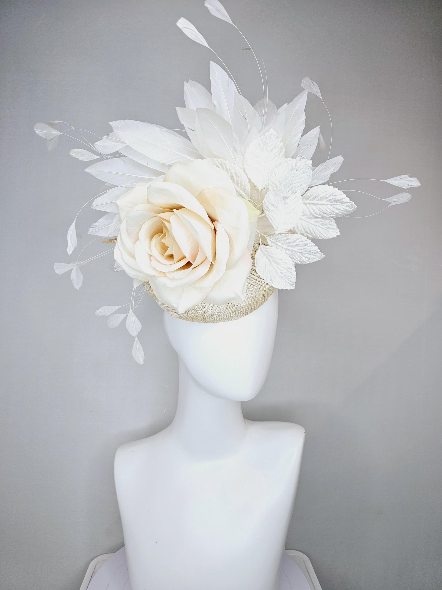 kentucky derby hat fascinator ivory cream neutral sinamay,white ivory satin silk rose flowers,white leaves,white ivory branching feathers