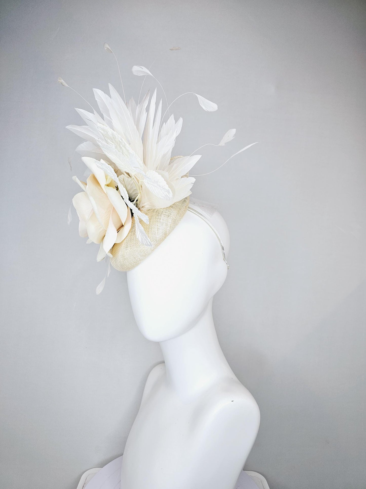 kentucky derby hat fascinator ivory cream neutral sinamay,white ivory satin silk rose flowers,white leaves,white ivory branching feathers