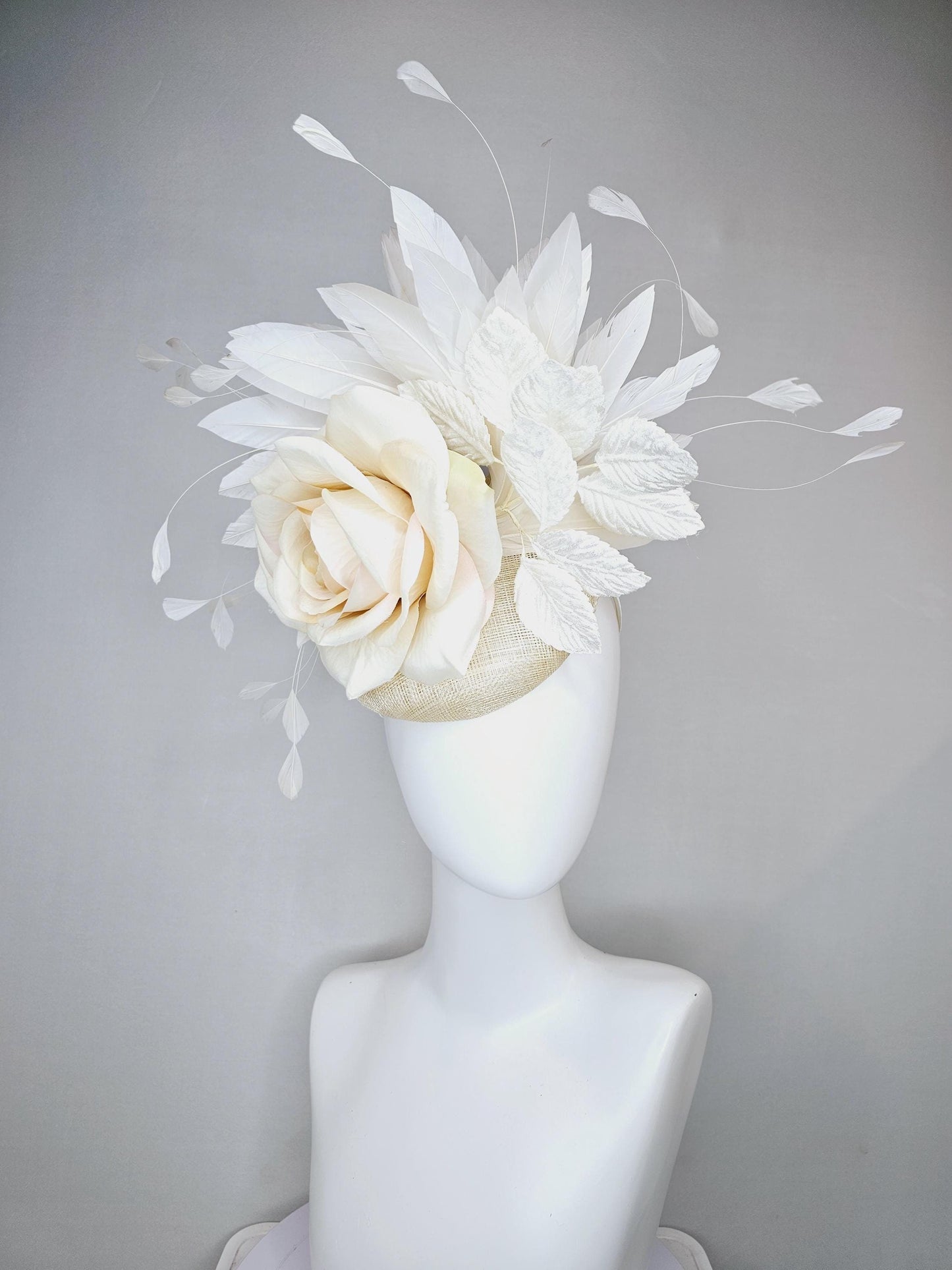 kentucky derby hat fascinator ivory cream neutral sinamay,white ivory satin silk rose flowers,white leaves,white ivory branching feathers