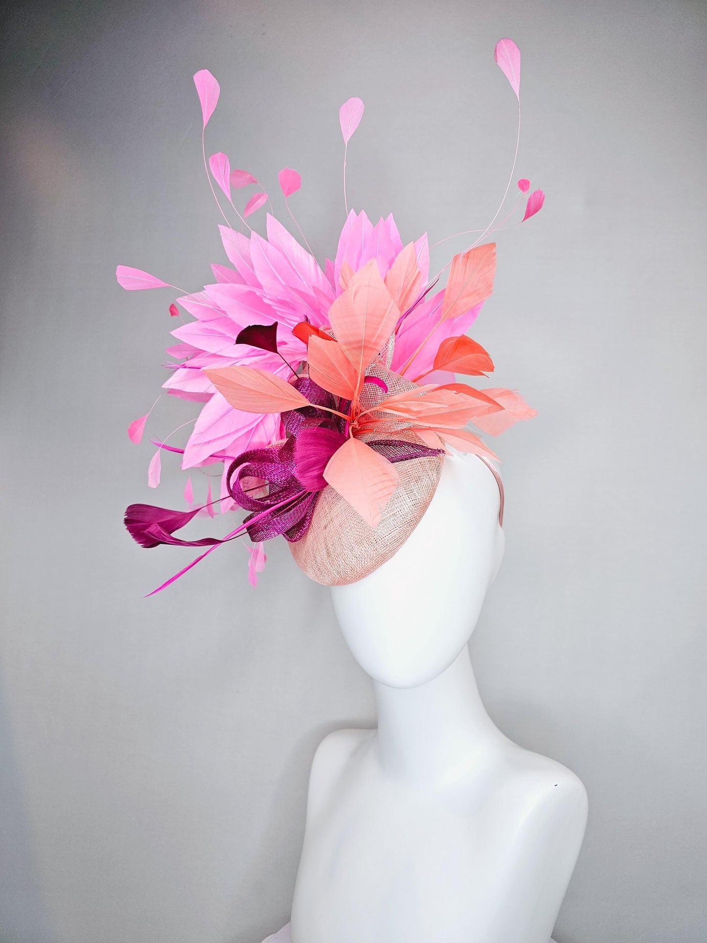 kentucky derby hat fascinator light pink sinamay w/ magenta purple sinamay bow and feathers, blush pink and coral orange branching feathers