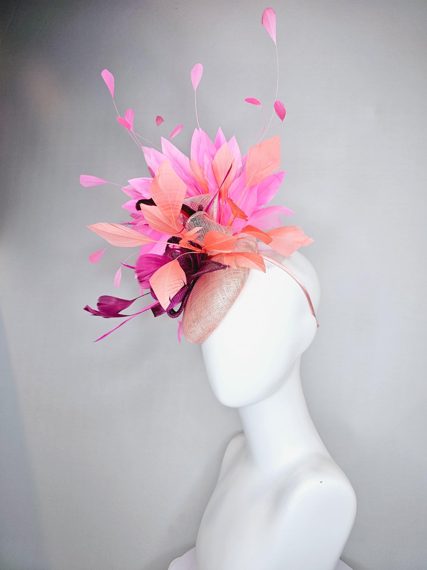 kentucky derby hat fascinator light pink sinamay w/ magenta purple sinamay bow and feathers, blush pink and coral orange branching feathers