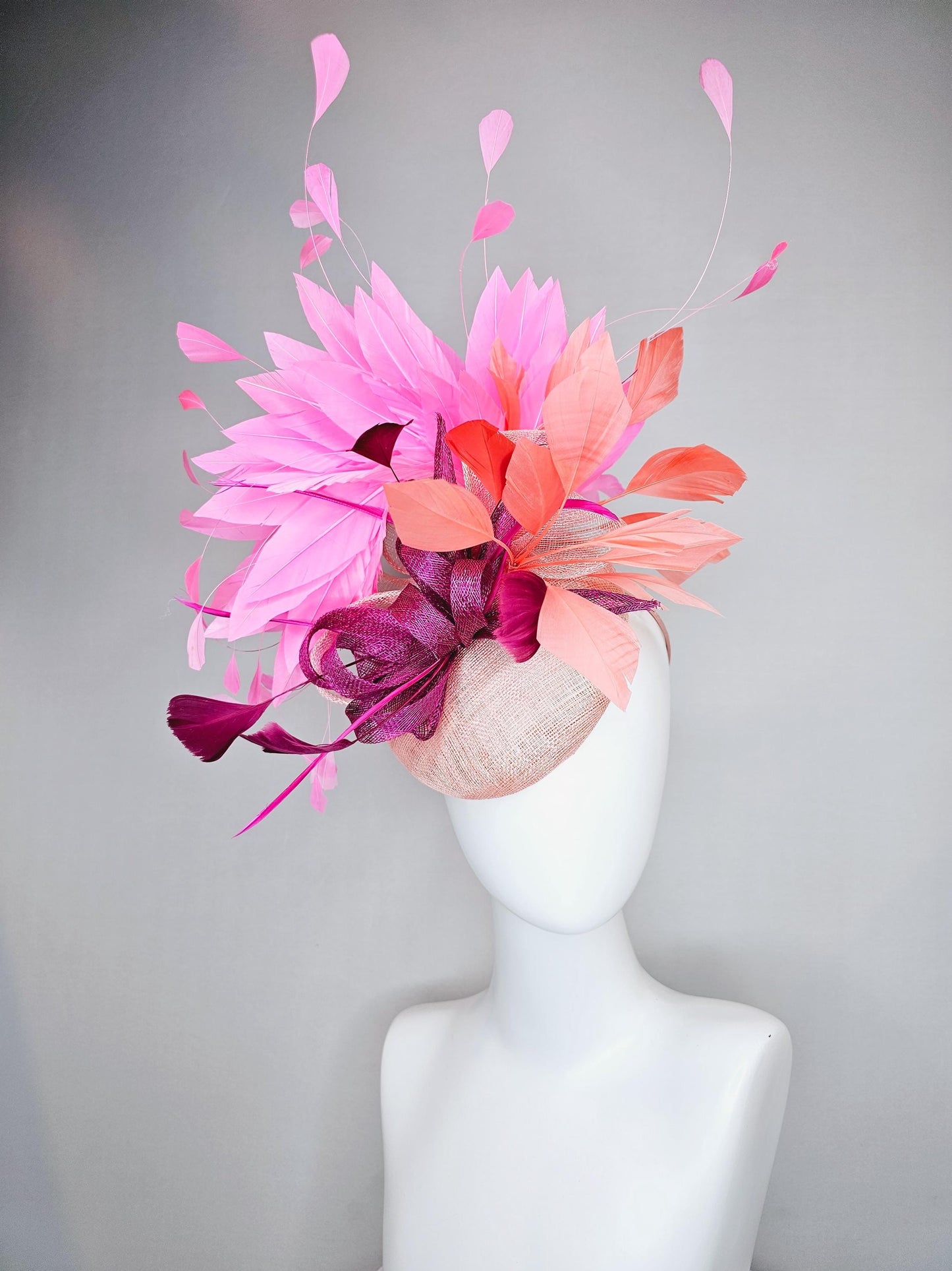 kentucky derby hat fascinator light pink sinamay w/ magenta purple sinamay bow and feathers, blush pink and coral orange branching feathers