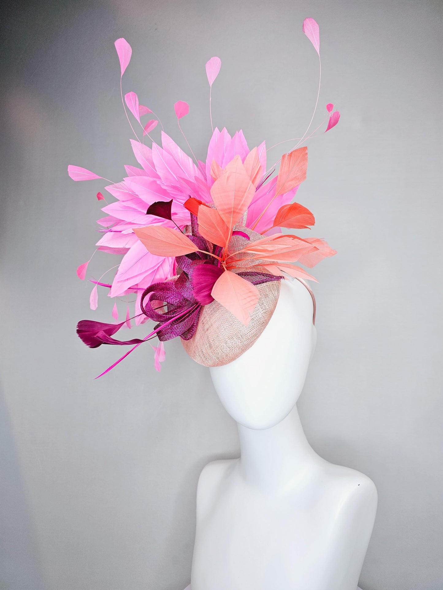 kentucky derby hat fascinator light pink sinamay w/ magenta purple sinamay bow and feathers, blush pink and coral orange branching feathers