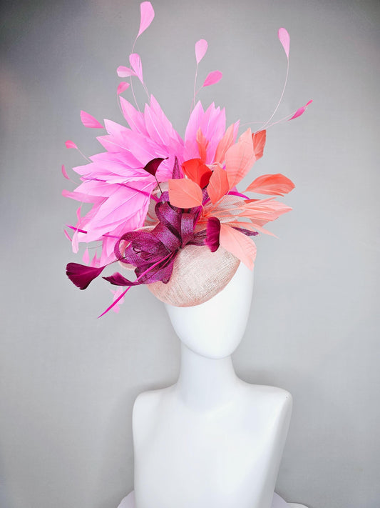 kentucky derby hat fascinator light pink sinamay w/ magenta purple sinamay bow and feathers, blush pink and coral orange branching feathers