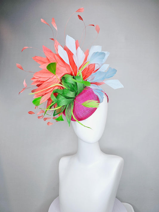 kentucky derby hat fascinator pink sinamay with green sinamay bow and lime green feathers, light blue and coral orange branching feathers