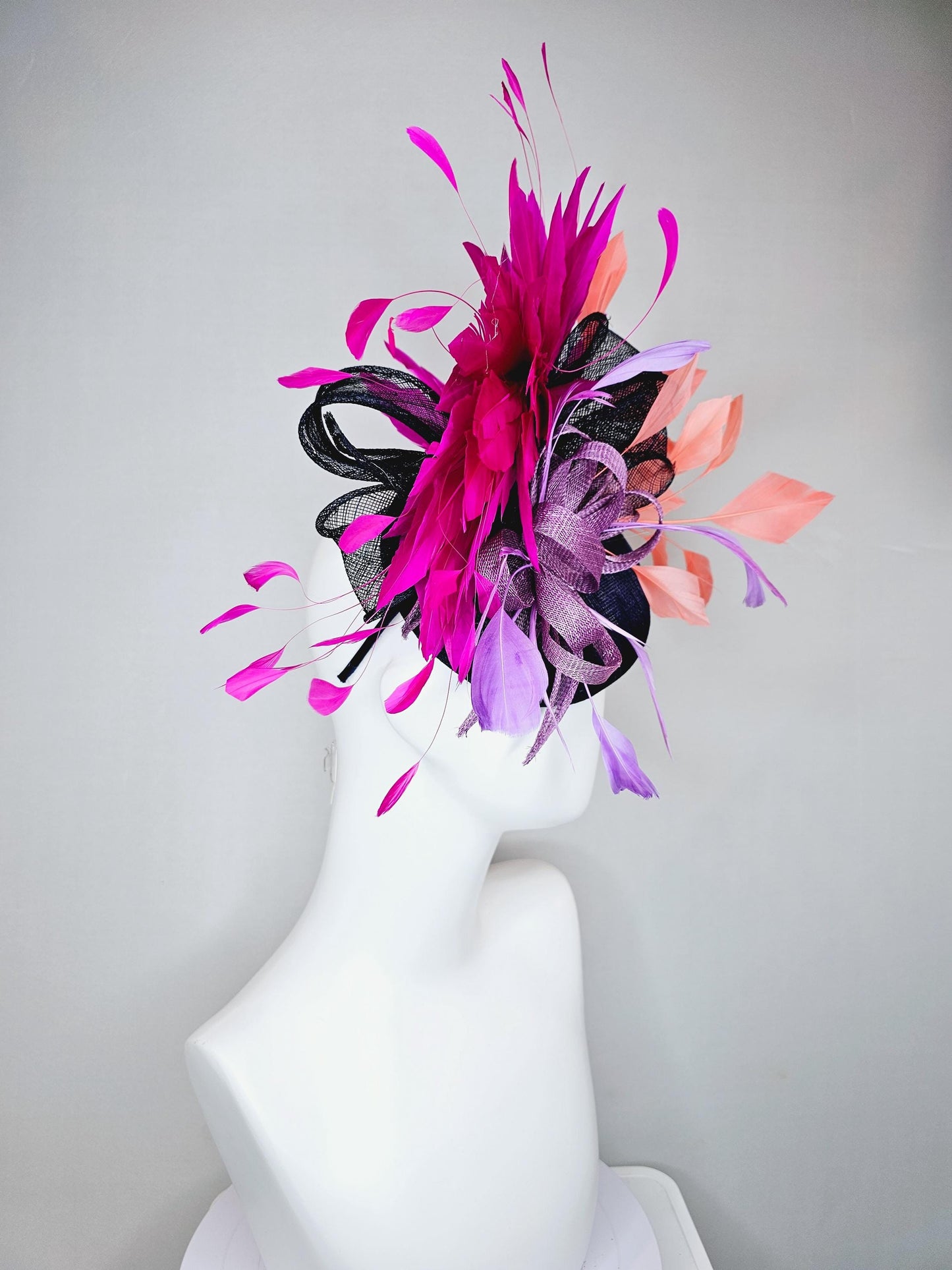 kentucky derby hat fascinator navy blue sinamay w/ lavender purple sinamay bow and feathers,coral orange and fuchsia pink branching feathers