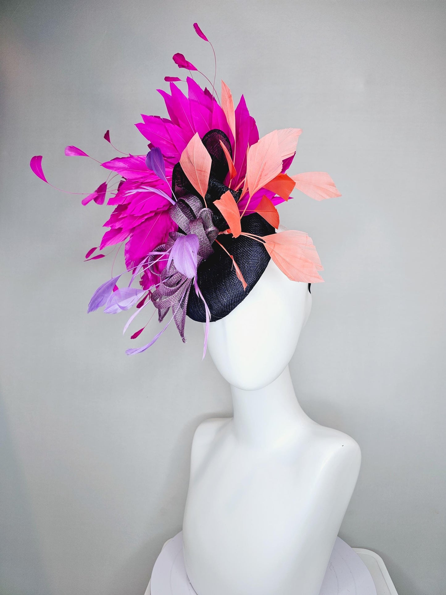 kentucky derby hat fascinator navy blue sinamay w/ lavender purple sinamay bow and feathers,coral orange and fuchsia pink branching feathers