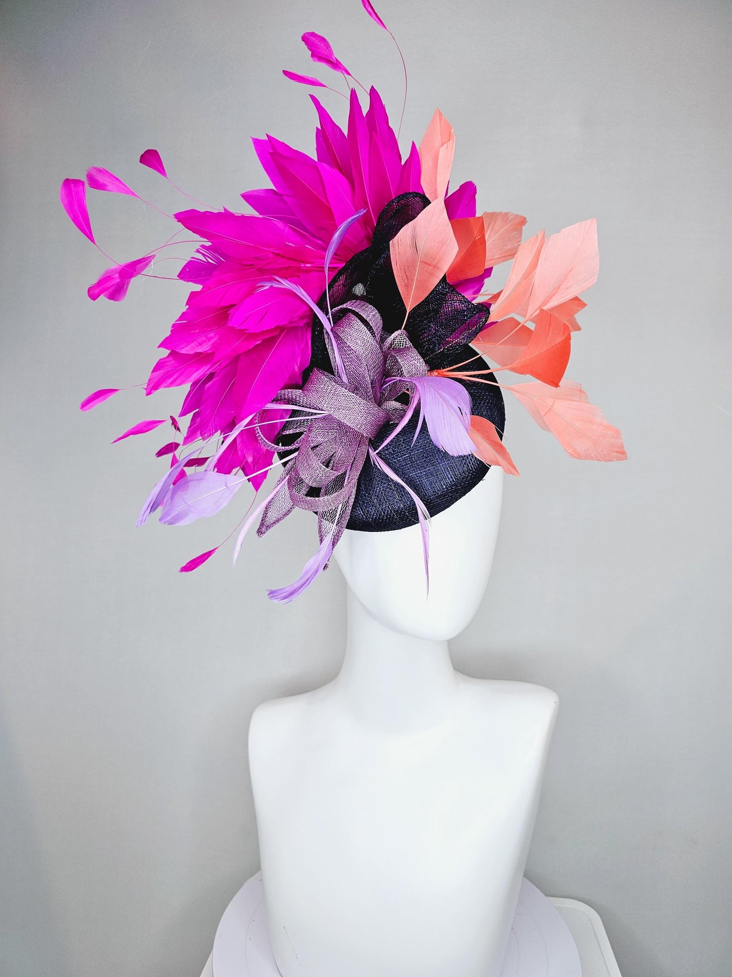 kentucky derby hat fascinator navy blue sinamay w/ lavender purple sinamay bow and feathers,coral orange and fuchsia pink branching feathers