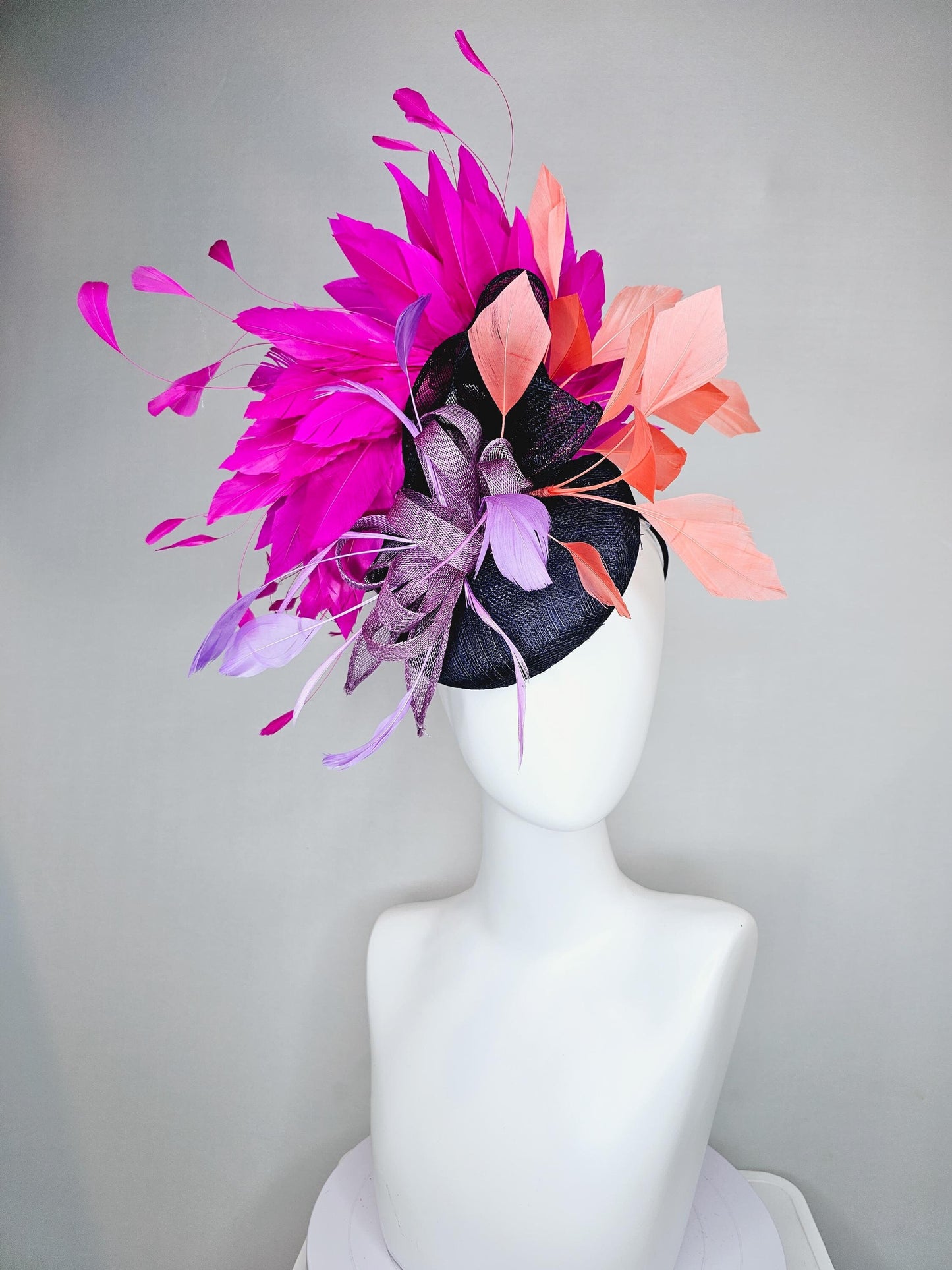 kentucky derby hat fascinator navy blue sinamay w/ lavender purple sinamay bow and feathers,coral orange and fuchsia pink branching feathers