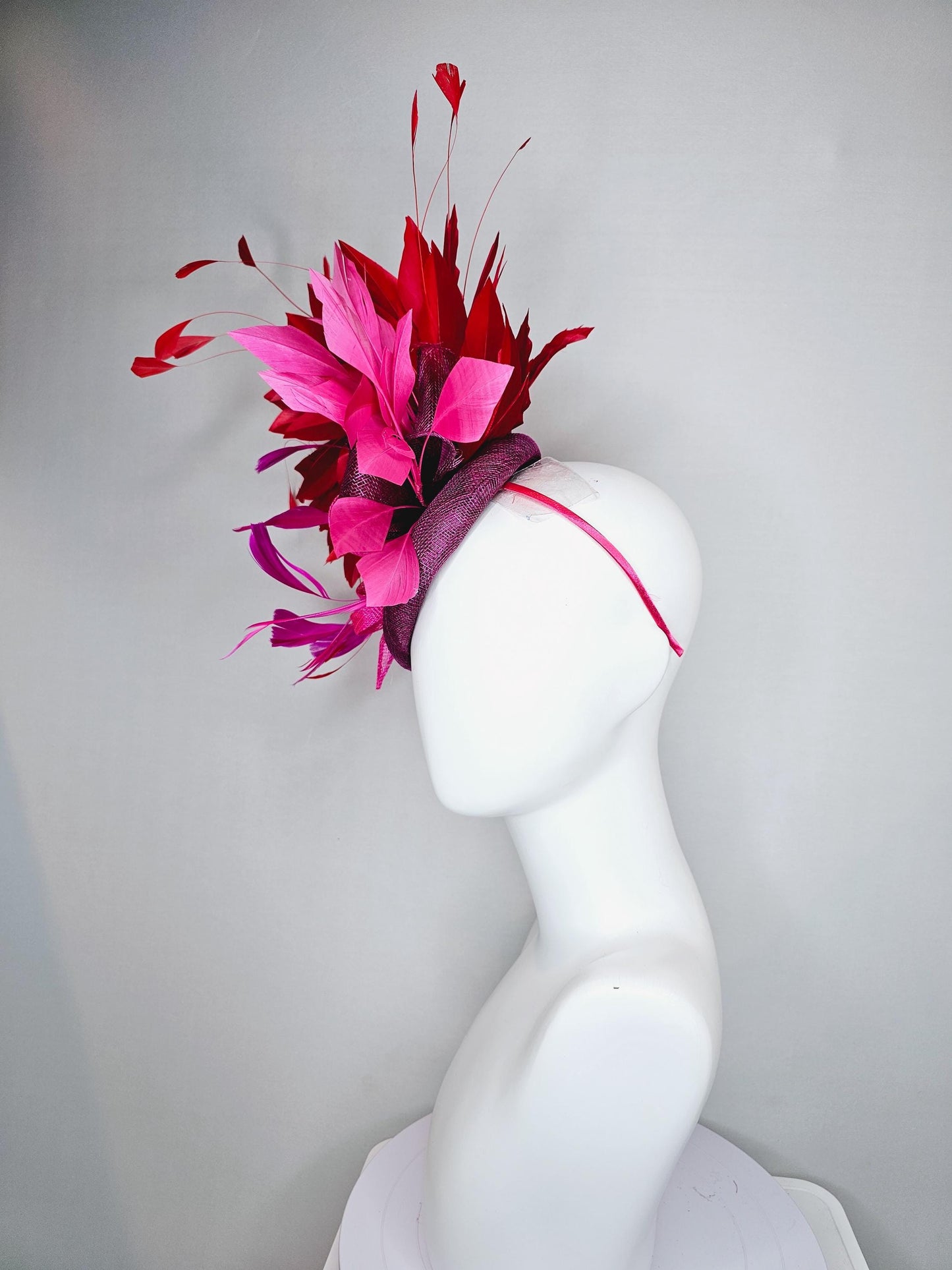 kentucky derby hat fascinator magenta purple sinamay with magenta and fuchsia pink sinamay bows, pink and scarlet red branching feathers