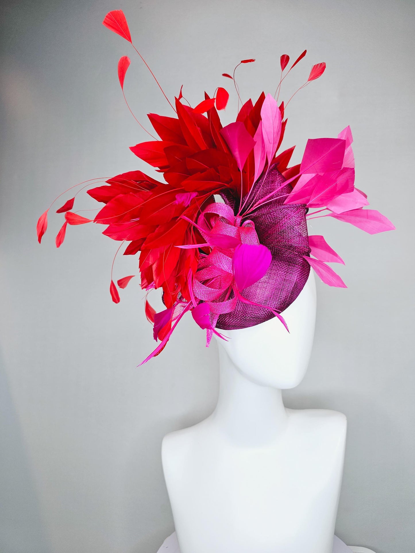 kentucky derby hat fascinator magenta purple sinamay with magenta and fuchsia pink sinamay bows, pink and scarlet red branching feathers