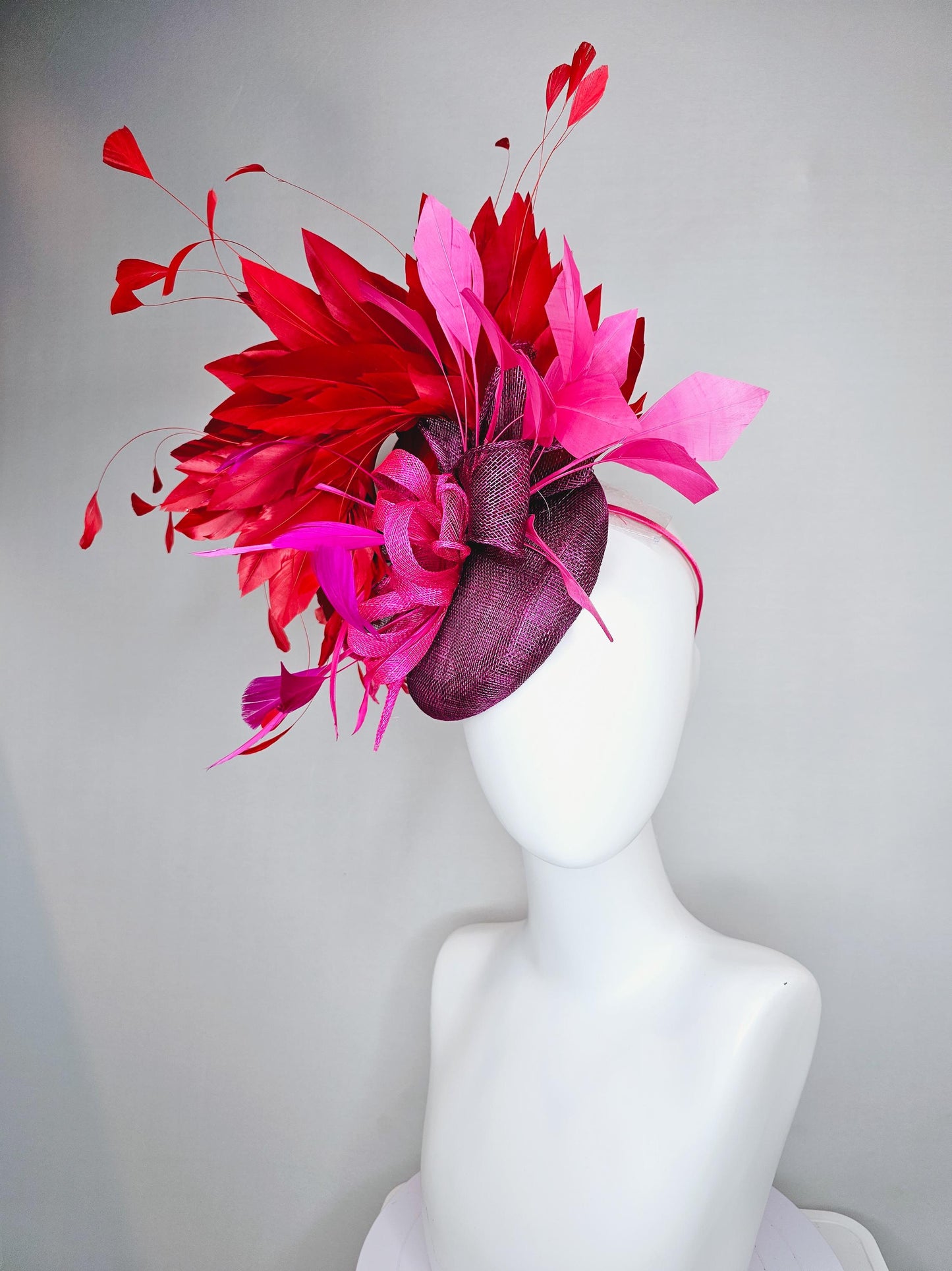 kentucky derby hat fascinator magenta purple sinamay with magenta and fuchsia pink sinamay bows, pink and scarlet red branching feathers