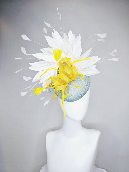kentucky derby hat fascinator light blue sinamay with yellow sinamay bow and yellow feathers, white branching feathers