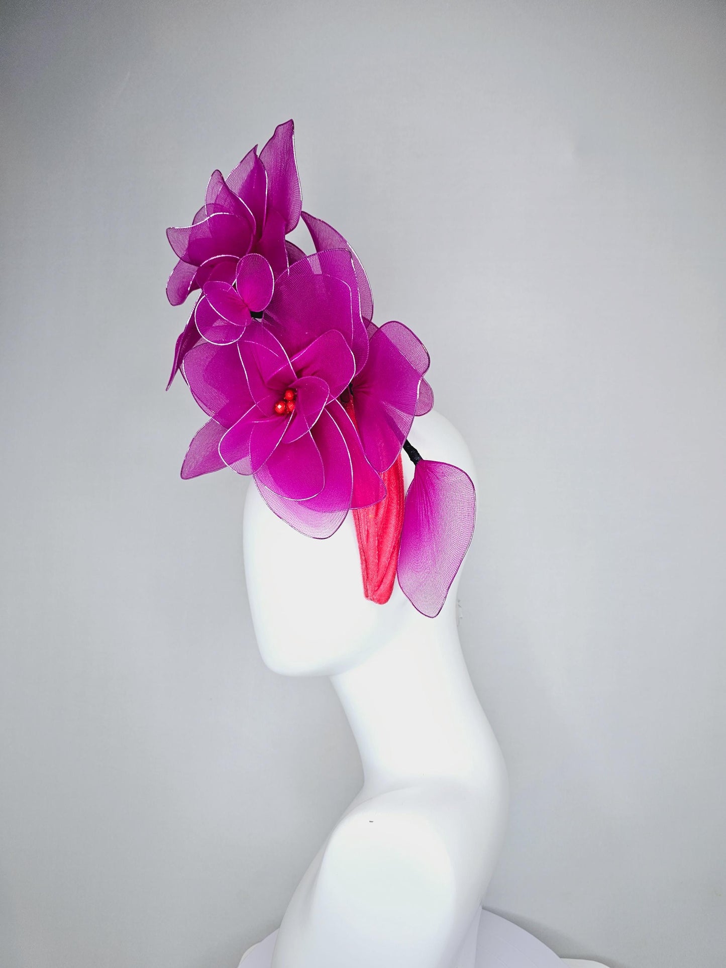 kentucky derby hat fascinator cherry red velvet headband with magenta purple pink wire mesh large flowers