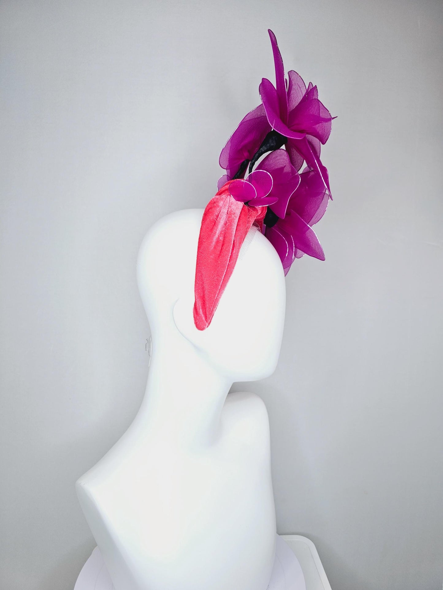 kentucky derby hat fascinator cherry red velvet headband with magenta purple pink wire mesh large flowers