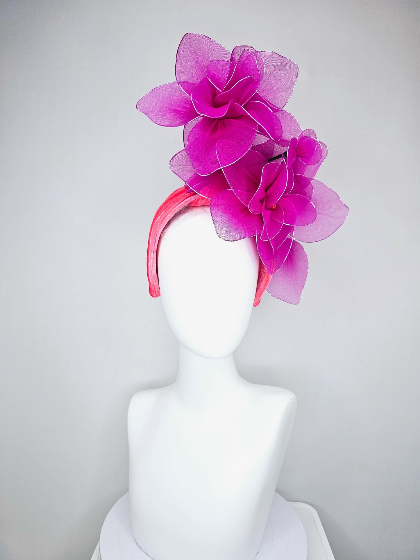 kentucky derby hat fascinator cherry red velvet headband with magenta purple pink wire mesh large flowers