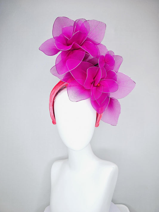 kentucky derby hat fascinator cherry red velvet headband with magenta purple pink wire mesh large flowers