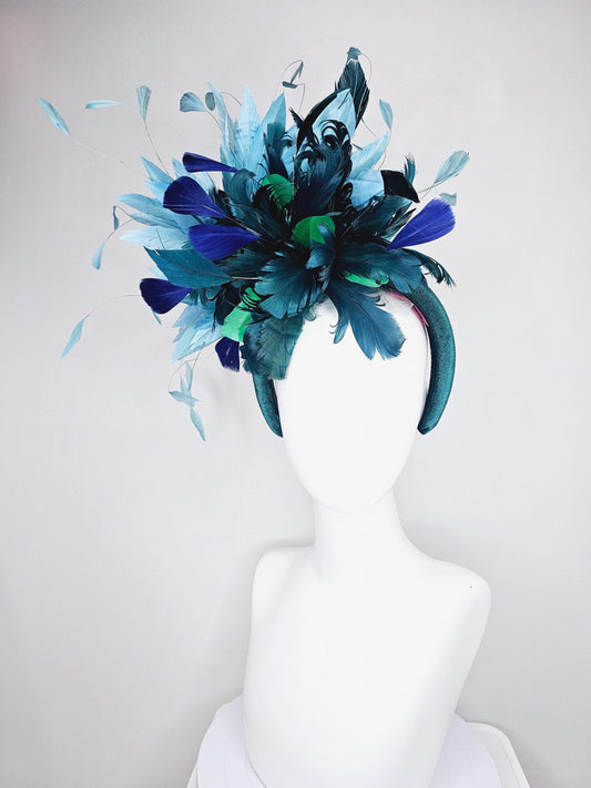 kentucky derby hat fascinator peacock blue velvet headband, fluffy green, peacock blue, royal blue, sky blue branching feathers