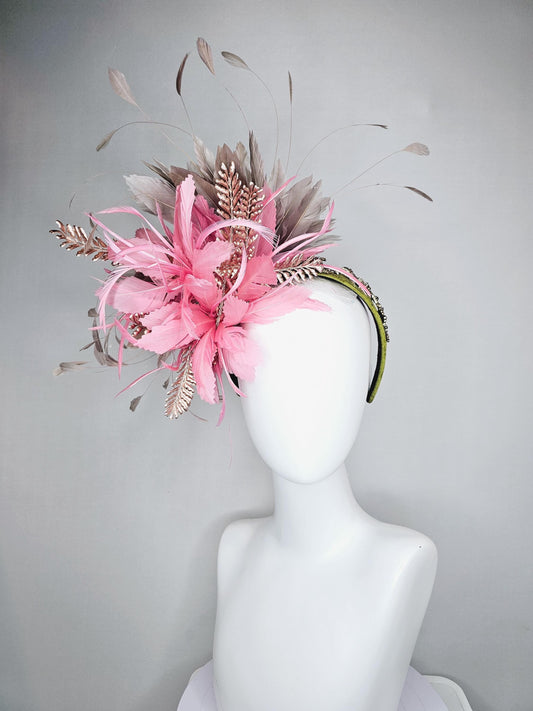 kentucky derby hat fascinator crystal rhinestone jewel beaded green headband w/ blush pink zigzag feathers, gold leaves,taupe brown feathers