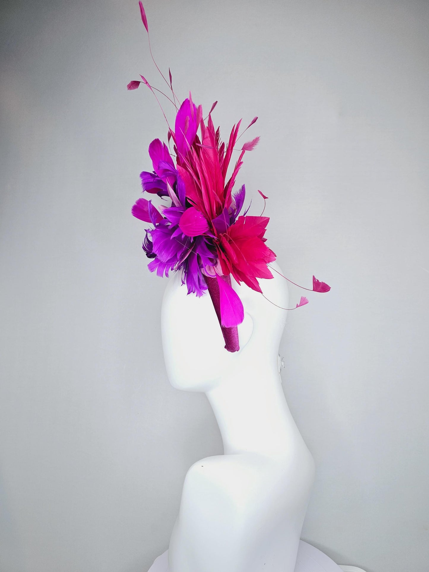 kentucky derby hat fascinator magenta purple pink velvet headband, fluffy lavender purple, hot pink, light pink branching feathers