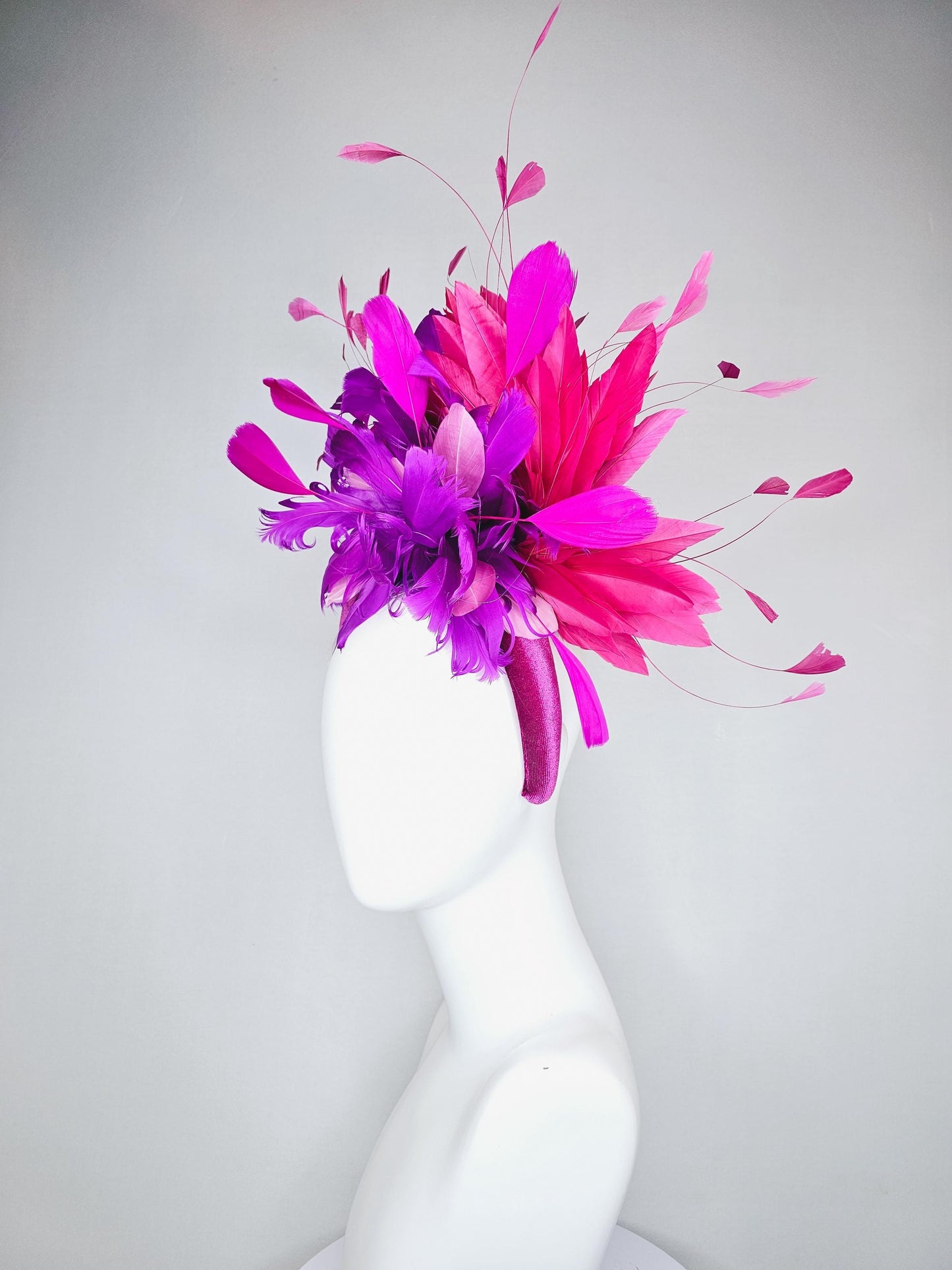 kentucky derby hat fascinator magenta purple pink velvet headband, fluffy lavender purple, hot pink, light pink branching feathers