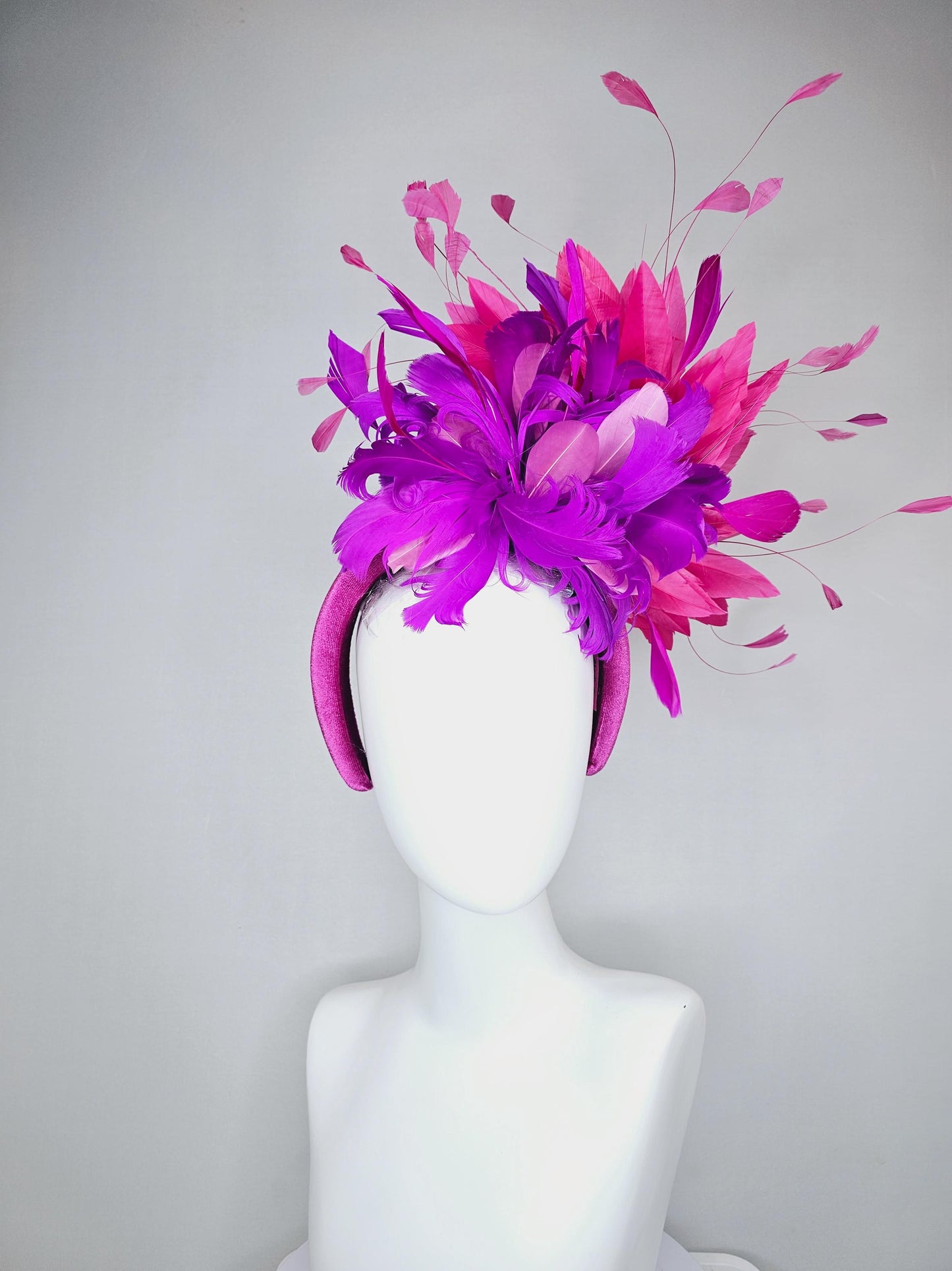 kentucky derby hat fascinator magenta purple pink velvet headband, fluffy lavender purple, hot pink, light pink branching feathers